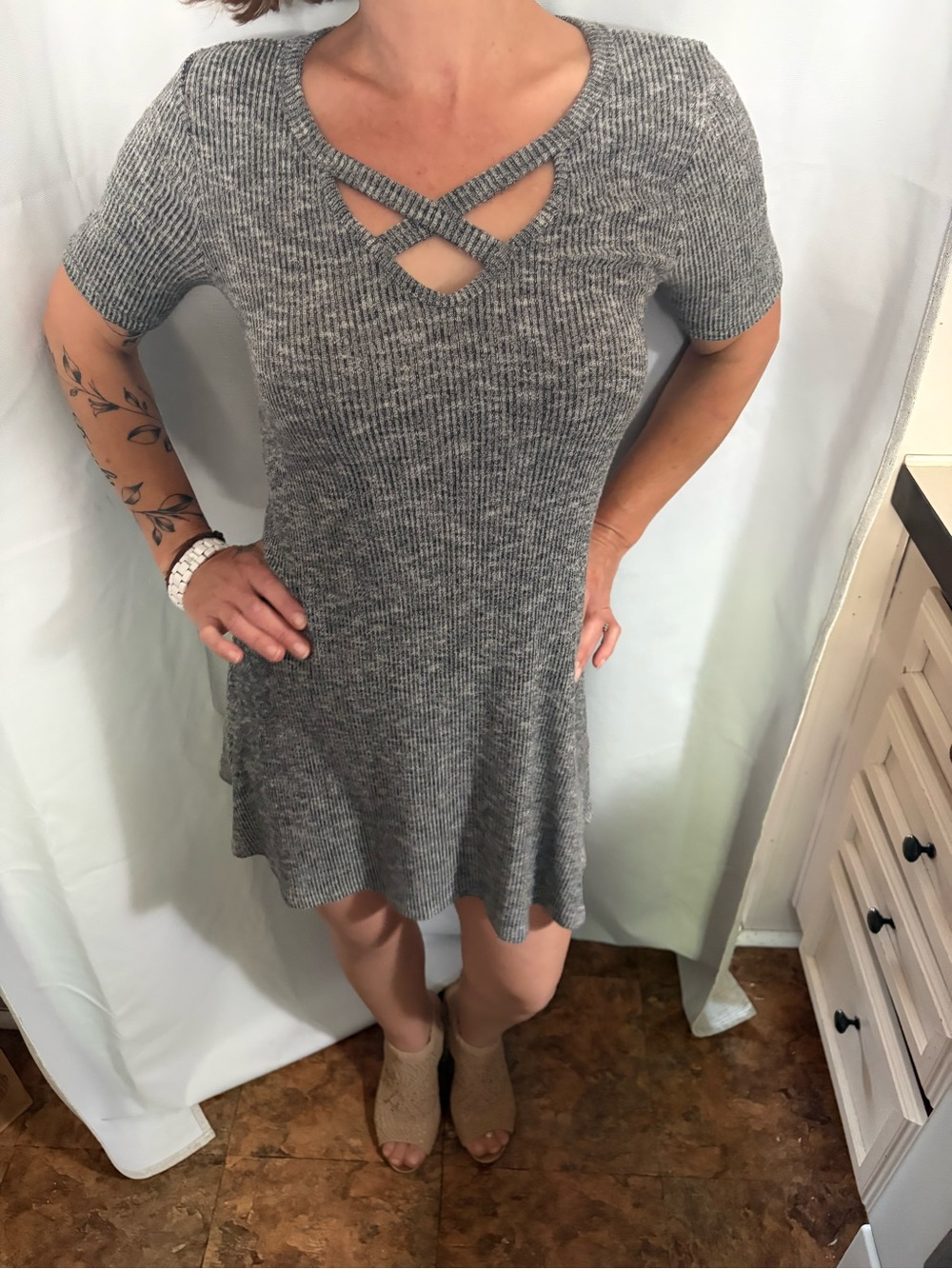 one clothing Gray Crisscross Knit Mini Dress